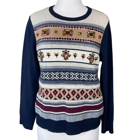 J.Crew Jeweled Fair Isle Stripe Crewneck 100% Wool Long Sleeve Sweater LG - Picture 1 of 9